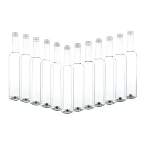 Null 12er Set Bordeaux 250 Ml Glasflasche Zum Abfüllen Von Wein, Likör & Spirituosen + Deckel PP 28 Silber Aluminium 17