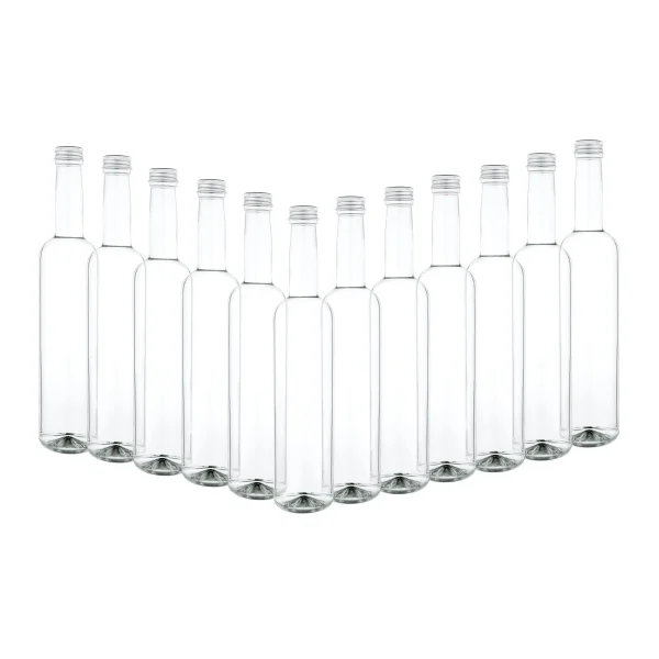 Null 12er Set Bordeaux 250 Ml Glasflasche Zum Abfüllen Von Wein, Likör & Spirituosen + Deckel PP 28 Silber Aluminium 6