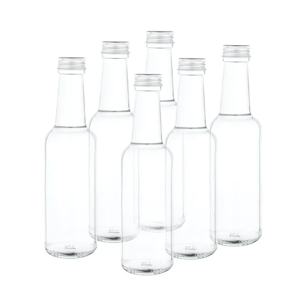 Null 6er Set Geradhalsflasche 250ml + Schraubverschluss Deckel PP 28 Silber Aluminium Zum Abfüllen Von Essig & Öl, Sirup, Most, Bier, Likör, Saft + Wein 1