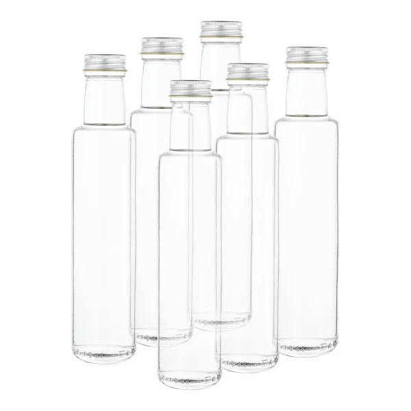 Null 12er Set Bordeaux 250 Ml Glasflasche Zum Abfüllen Von Wein, Likör & Spirituosen + Deckel PP 28 Silber Aluminium 8