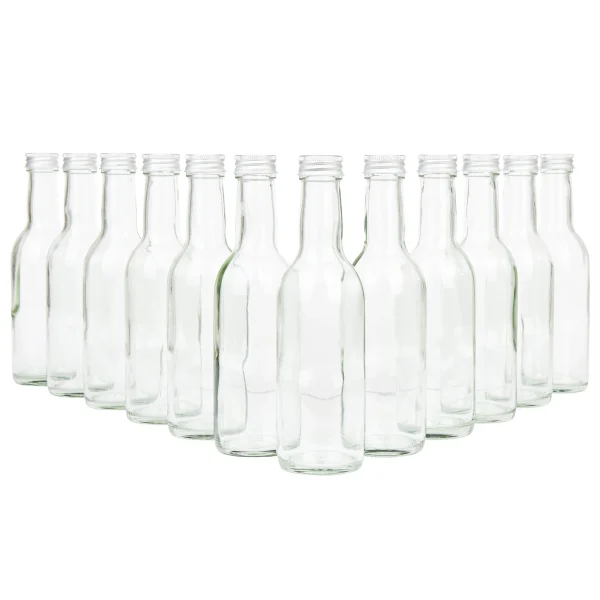 Null 12er Set Bordeaux 250 Ml Glasflasche Zum Abfüllen Von Wein, Likör & Spirituosen + Deckel PP 28 Silber Aluminium 1